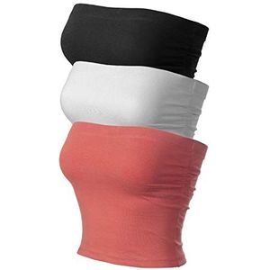 MixMatchy Women's Solid Casual Summer Side Shirring Scrunched Double Layered Tube Top 3PACK - Black/White/Ash Rose XS