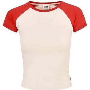 Urban Classics Dames Organic Stretch Short Retro Baseball Tee, korte mouwen T-shirt voor vrouwen van biologisch katoen, verkrijgbaar in meerdere kleuren, maten XS-5XL, Wit zand/hugered, L