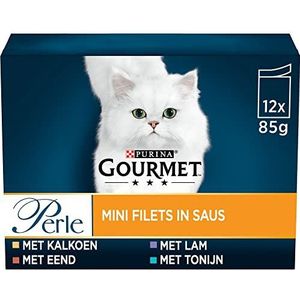 Gourmet Perle Mini Filets Kattenvoer, Natvoer met Kalkoen, Tonijn, Eend of Lam in Saus - 12x85g - doos van 4 (48 portiezakjes; 4,08kg)