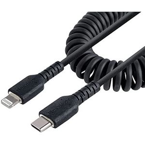 StarTech.com 1m USB-C naar Lightning Kabel, Zwart, MFi Gecertificeerd, iPhone Lader Spiraalkabel, Duurzame Aramidevezels, Robuuste USB-C Lightning Laadkabel (RUSB2CLT1MBC)