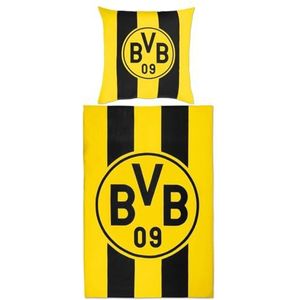Borussia Dortmund BVB beddengoed blokstrepen 135 x 200 cm: dekbedovertrek en kussensloop met knopen, strepen-design, 100% katoen