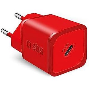 SBS Draagbare oplader voor Samsung, iPhone, Xiaomi, Oppo, 20 W snellader Gan voor smartphones en tablets, snelle en veilige oplader met USB-C, rood