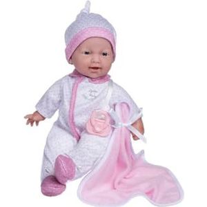 JC TOYS - La babypop 28 cm met zacht en wasbaar lichaam, deken en fopspeen, wit en roze stippen, ontworpen in Spanje, 12 maanden