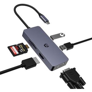 USB C Adapter HUB, USB C adapter, 6-in-1 hub, USB C naar HDMI VGA Dual Monitor Adapter met VGA, HDMI, 2 x USB 2.0, SD/TF, compatibel met Windows en iOS-systemen