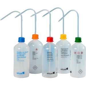 Vitlab VITsafe LDPE Veiligheidspuit met rode Vent-dop schroefdop/spuitbuis, nauwe hals, GL 25 schroefdraad, azijnzuur, capaciteit 500 ml, 74 mm diameter, 180 mm hoogte, 6 stuks