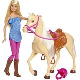 Barbie Pop, blond, gekleed in paardrijlaarzen en cap, plus een lichtbruin paard met zachte witte manen en staart, cadeau voor kinderen van 3 tot 7 jaar, FXH13