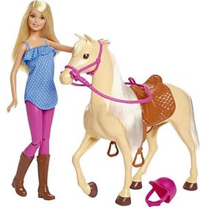 Barbie Pop, blond, gekleed in paardrijlaarzen en cap, plus een lichtbruin paard met zachte witte manen en staart, cadeau voor kinderen van 3 tot 7 jaar, FXH13