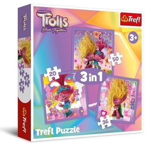 Trefl–Trolls Band Together, Maak kennis met de vrolijke trollen–Puzzel 3-in-1, 3 puzzels van 20 tot 50 stukjes–Kleurrijke puzzel met de helden uit de cartoon,Plezier voor kinderen vanaf 3 jaar