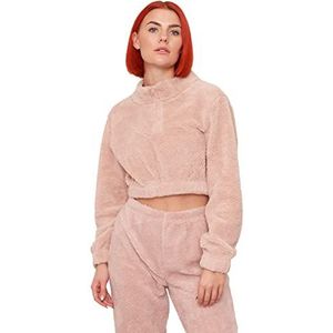 OHS Bijgesneden teddyfleece hoge kraag halslijn trui met halve rits crop sweatshirt warme gezellige loungewear effen rits trui, Blush Roze, 34-40