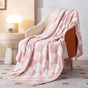 SeaRoomy Gooi deken dambord zachte donzige deken omkeerbare pluche roze plaid warme gezellige preppy gebreide pluizige geruite deken bed decor meisjes cadeau (lichtroze, 152 x 180 cm)
