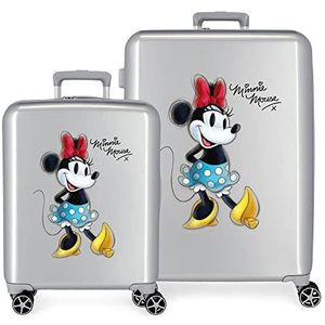 Disney Minnie Joyful Kofferset, 100 stuks, grijs, 55/70 cm, stijf, ABS-sluiting, geïntegreerde TSA-sluiting, 119 l, 6 kg, 4 wielen, dubbele wiel, handbagage, Grijs, Eén maat, kofferset