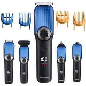 BarberBoss 5-in-1 draadloze verzorgingsset voor mannen, baardtrimmer, tondeuse, neus- en oortrimmer, bodytrimmer, precisiewijzerplaat, waterdichte tondeuse met USB-oplaadfunctie en led-display