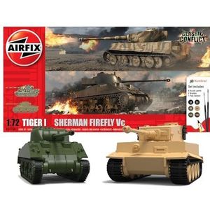 Airfix Tankmodelbouwpakketten - Tiger 1 & Sherman Firefly miniatuur knutselset, 1/72 schaal plastic modelkits voor volwassenen om te bouwen, inclusief tankmodellen, verf, borstels en polycement -