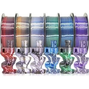 MIKA3D 6 spoelen snel 2 kleurverandering zijde PLA 3D-printer filamentbundel, zijde zwart kleurverandering naar wit/rood/oranje/blauw/paars/groen, elke spoel 250 g, totaal 1,5 kg zijde PLA-bundel 250