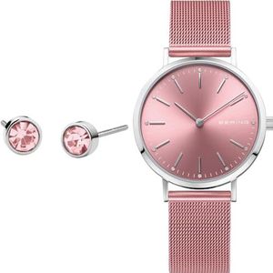 Bering - Minimalistisch Horloge - Roze Wijzerplaat - Zilverkleurig Roestvrij Staal
