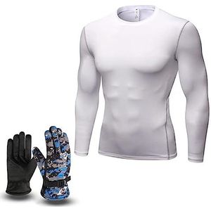 Wit trainingspak sportkleding (m maat) hoog elastisch en comfortabel fitnesspak met ronde hals taille grijze antislip handschoenen ski-bergbeklimmen herfst en winter