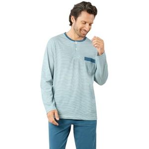 Eminence - Lange pyjama voor heren, casual, jersey, 100% katoen, duurzaam, T-shirt met lange mouwen, T-hals + broek met 2 zakken, Oeko-Tex®-label Standard 100, Wit/Blauw, S