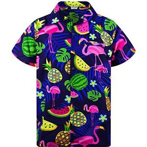 Funky Hawaiiaans Overhemd, Hawaii-Overhemd, Korte Mouw, Flamingo Melon, Blauw, XL