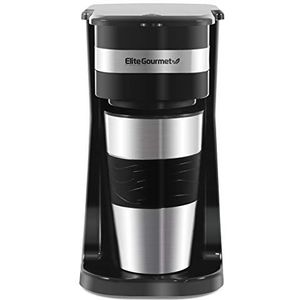 Elite Gourmet EHC111A# Filterkoffiezetapparaat met enkele portie, compact, plus thermo-reisbeker met roestvrijstalen binnenkant, voor gemalen koffie, herbruikbare filter, 398 ml, zwart