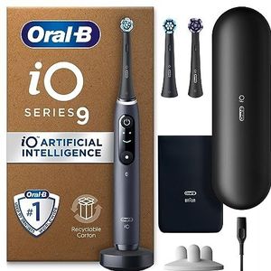 Oral-B iO 9 zwarte elektrische tandenborstel, 3 tandenborstelkoppen, 1 oplaadreiskoffer, ontworpen door Braun