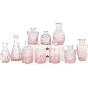 Roze glazen knopvaas, set van 10 - mini vintage vazen voor bruiloftsdecoraties, thuistafel bloemendecor, kleine gesneden glazen vazen voor centerpieces, entrees (roze)
