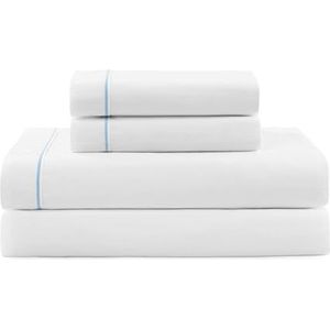 Tommy Hilfiger - Lakenset, beddengoed van katoen percal met bijpassende kussenslopen, fris en cool, effen ontwerp met zoom streep (wit/blauw, 2 aparte bedden)