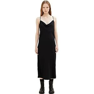 TOM TAILOR Denim Dames Satijnen midi-jurk met watervalhals 1034287, 14482 - Deep Black, S
