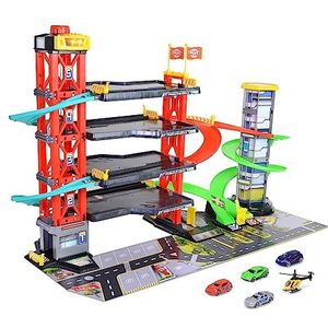 Dickie Toys - Parkeergarage met 4 verdiepingen voor kinderen vanaf 3 jaar (87 x 52 cm) met accessoires - grote speelgoedparkeergarage op 5 niveaus met lift, racebaan, speelgoedauto's, helikopters,