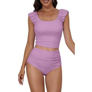 Eomenie Tankini Swimsuits for Women Ruched Tummy Control Bathing Suit Two Piece Swim Tank Top with High Waisted Bottom Light Purple