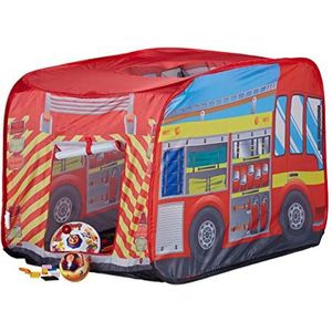 Relaxdays 10022459 speeltent brandweer, pop-up kindertent met auto, voor binnen en buiten, 70 x 110 x 70 cm, vanaf 3 jaar, rood
