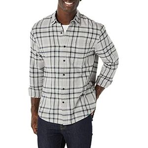 Amazon Essentials Men's Flanellen overhemd met lange mouwen (verkrijgbaar in grote en lange maten), Zwart Lichtgrijs Plaid, XXL