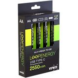 VERICO LoopEnergy AA 2550 oplaadbare USB-C batterij AA 1,5 V 2550 mWh (1700 mAh) Li-Ion, snel opladen via USB-C aansluiting in ca. 2 uur, 4x AA, kleur: groen