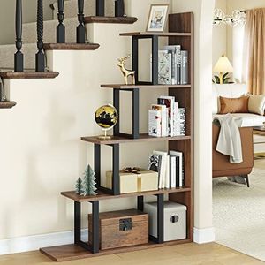 YITAHOME 5-laags boekenplank, L-vormige vrijstaande ladderhoek boekenkast, industriële vintage opbergrek voor woonkamer, slaapkamer, hal, kantoor, retro bruin