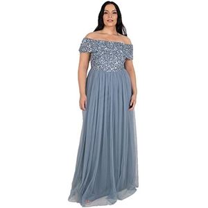 Maya Deluxe Dusty Blue Bardot Embellished Maxi-jurk voor bruidsmeisjes, dames, Poeder Blauw, 52 NL