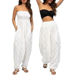likemary Harembroek Dames Jumpsuits - Maxi Romper Trekt naar beneden in Boho Print Katoenen Broek - One Size 2-in-1 Outfit & Zakken, Witte Lotus, Eén Maat