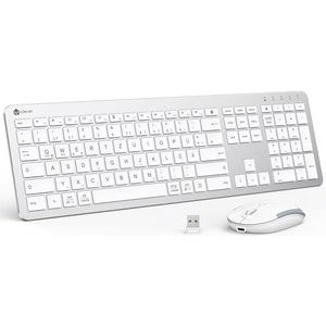 iClever Toetsenbord muis set draadloos - stil oplaadbaar draadloos toetsenbord met stoffilm, QWERTZ Duitse lay-out voor Windows, Mac OS en Chrome OS systemen, wit en zilver