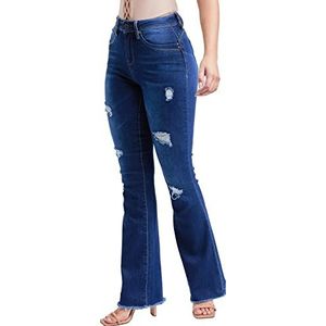 YMI Women´s Wannabettabut High Rise Super Flare Denim Jeans, Indigo Blue Rips, 5 US