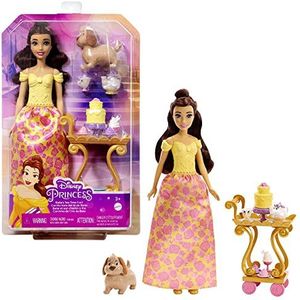 Mattel Disney Prinses Speelgoed, Belle pop met glanzende outfit, theewagentje, vriendjes en etenswaren, speelset met wagentje, geïnspireerd op de Disney film HLW20