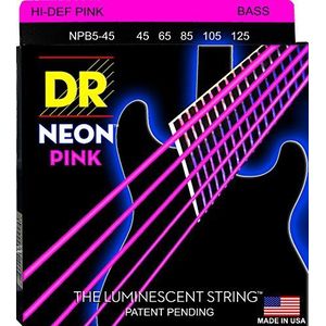 DR Snaren NPB545 45-125 Medium Set Handgemaakte Neon Hi-Def Roze Coated 5-String Bassnaren