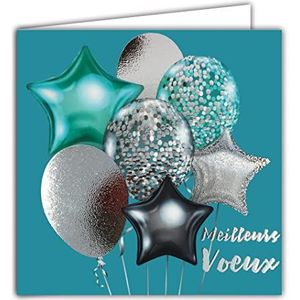 Afie 23047 vierkante kaart met zilveren ballonnen, glanzend, helium, ster, aan het einde van het jaar, met witte envelop