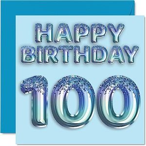 100e verjaardagskaart voor mannen - blauwe glitter feestballon - gelukkige verjaardagskaarten voor 100-jarige man overgrootvader opa papa Gran, 145 mm x 145 mm honderdhonderdste wenskaarten cadeau