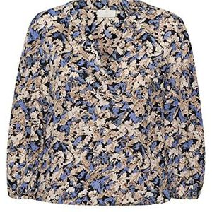 KAFFE Dames T-Shirt, lange mouwen, Blauw/Bruin, Tone Leaf Print, 36