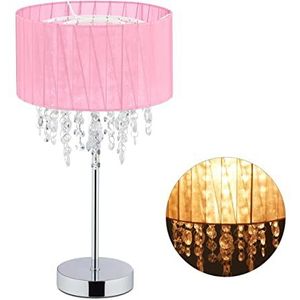Relaxdays tafellamp met kristallen, organza lampenkap, schemerlamp met metalen voet, H x Ø: 43 x 24 cm, roze/zilver