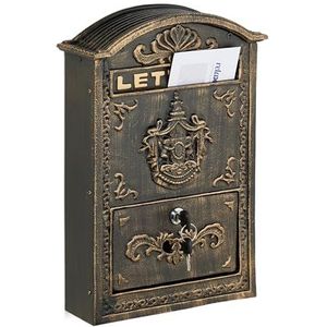 Relaxdays brievenbus antiek, engelse wandbrievenbus, HxBxD: 42 x 28 x 10 cm, A4, 2 sleutels, met slot, brons-goud