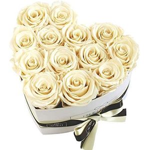Infinity Flowerbox Groot hart - 13 echte premium rozen in champagne - 3 jaar houdbaar zonder water | in geschenkverpakking met satijnen strik