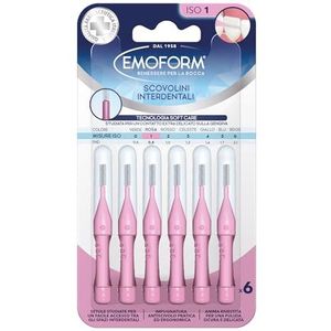 Interdentale borstel Emoform roze, 6 stuks met SoftCare-technologie voor een extra zacht contact met het tandvlees dankzij zachte haren, antislip handgreep met kap voor mondhygiëne