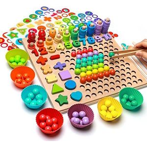 YLSCI Montessori houten speelgoed, Montessori bordspel, hengelspel houten clip kralen bordspel voor kinderen vanaf 3 jaar