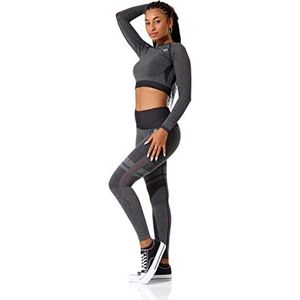 STARK SOUL Fitness Set - Crop-Top Longsleeve en Sport Leggings High Waist | Kleuren: grijs-melange en zwart-melange, maten: S, M en L, zwart-melange, S