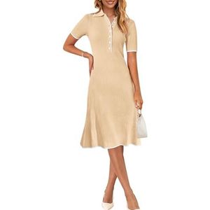 MEROKEETY Women's V Neck Ribbed Knit Midi Dress Short Sleeve Button Elegant Bodycon Sweater Dresses, Apricot, Medium