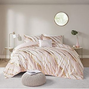 Comfort Spaces Nero Metallic Dekbed, leuke print voor meisjesslaapkamer, moderne beddengoedset, alle seizoenen, bijpassende sham, twin/twin, XL (167,6 x 229,6 cm), abstract marmer blush 3-delig